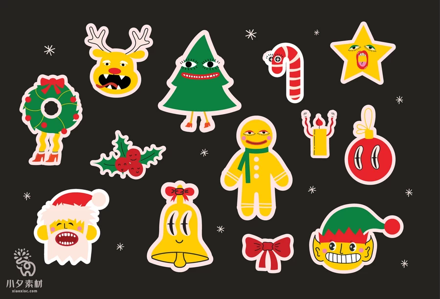 圣诞节圣诞老人圣诞树姜饼屋平安夜元素贴纸图案AI矢量设计素材【014】